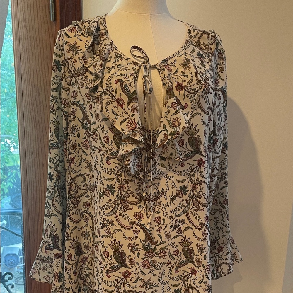 Max Studio Cream and Brown Floral Blouse Large EUC - Picture 2 of 9